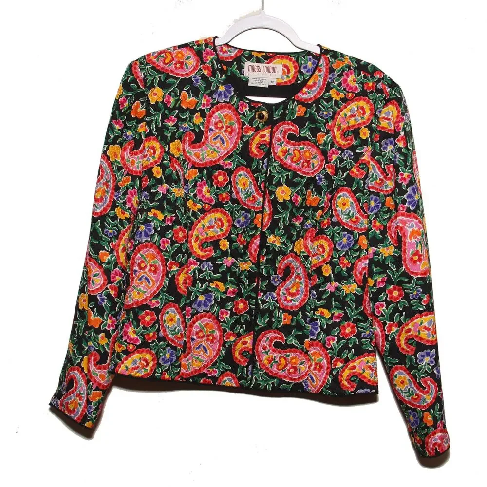 Vintage Maggy London Silk Quilted Floral Paisley Blazer Jacket Size 12